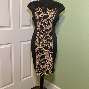 Black pencil dress gold 3D swirl with cap sleeves